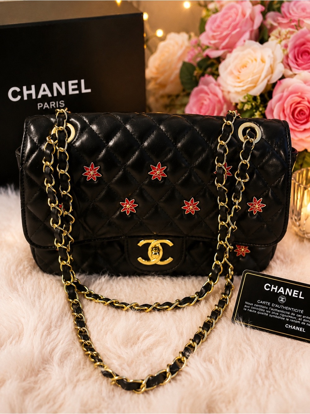 Chanel Black Quilted Leather Shoulder Bag with Gold Chain & Red Flower Accents